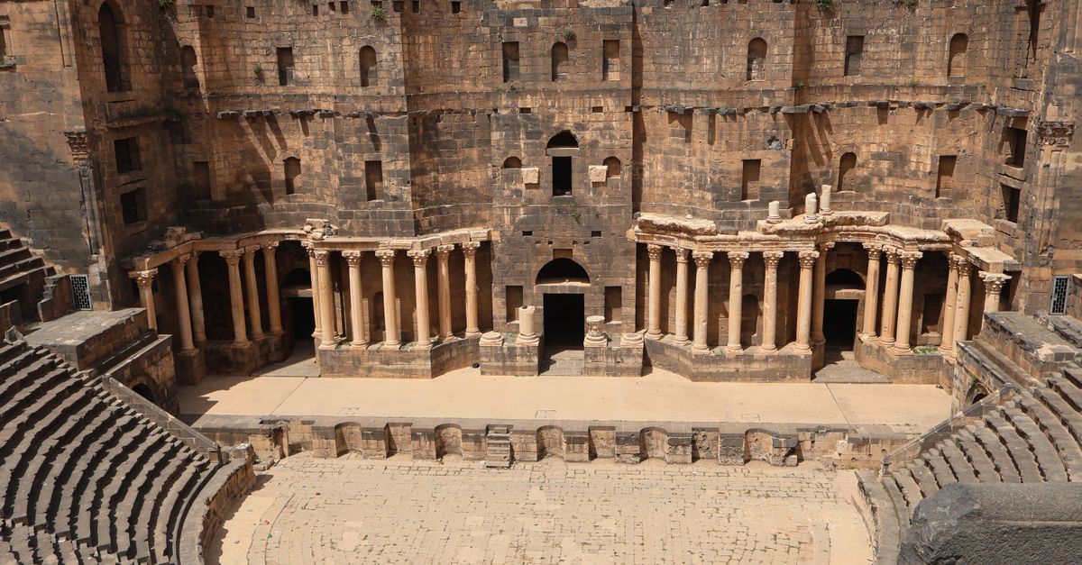 Stunning view of the Ancient Roman Amphitheater located in Bosra, Syria, a UNESCO World Heritage Site.